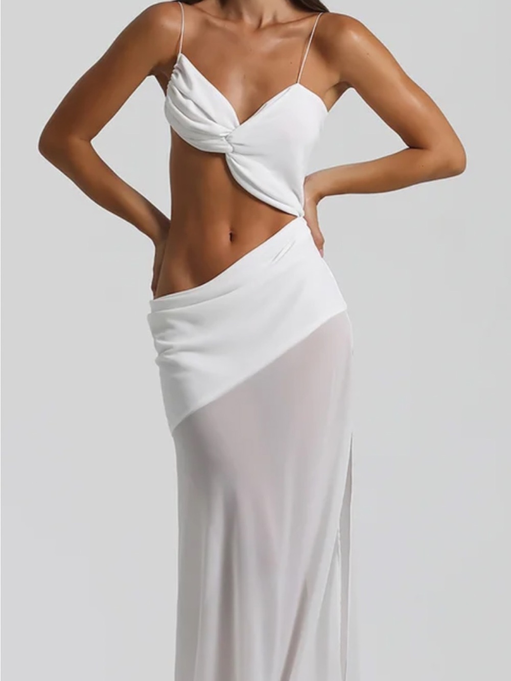 Twist Front White Maxi Dress with Sheer Skirt